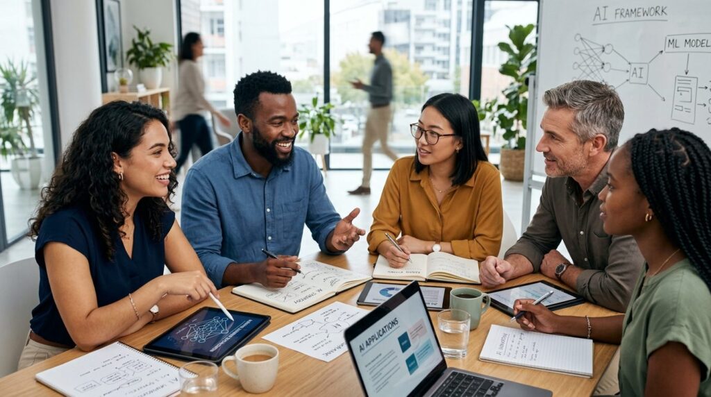 Close-up shot of a diverse group of employees collaborating 