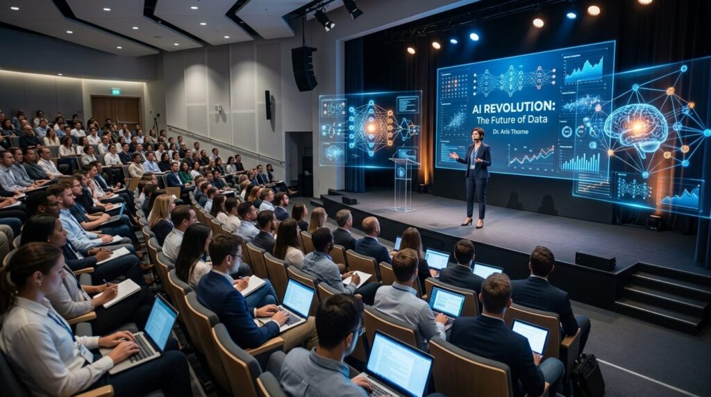 Wide shot of a tech conference or corporate training room wi