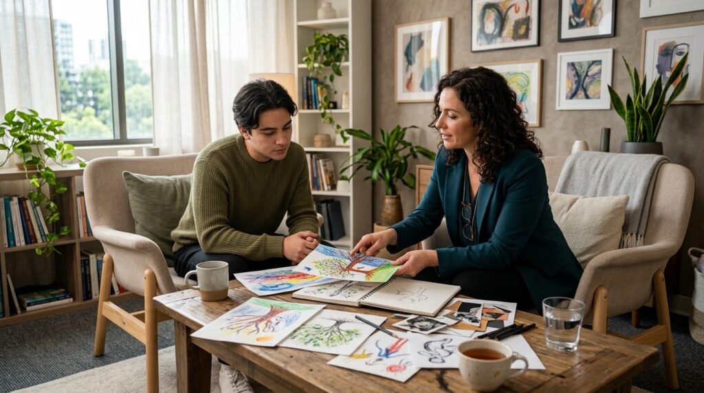 Professional photograph of a therapist and client in a moder