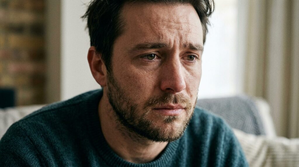 Realistic close-up of a mans face showing emotional distres
