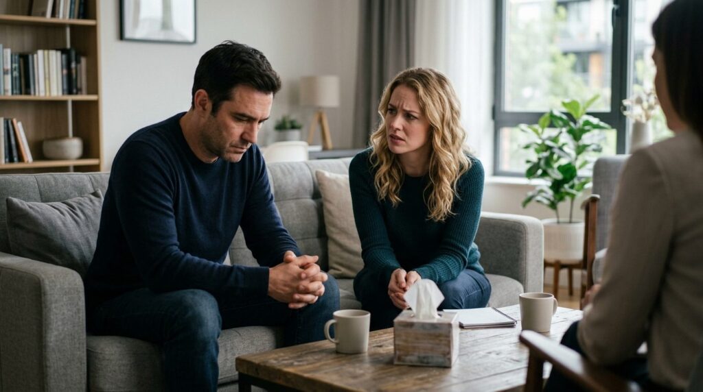 Professional photograph of two people in a difficult convers