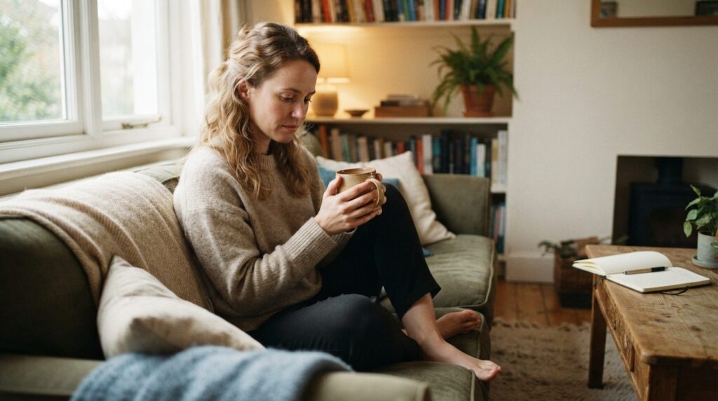 Realistic image of a woman sitting on a couch holding a warm