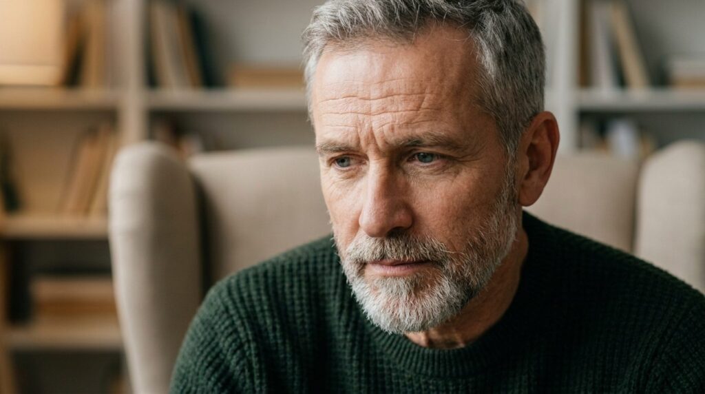 Close-up headshot of a thoughtful man with deep forehead fur