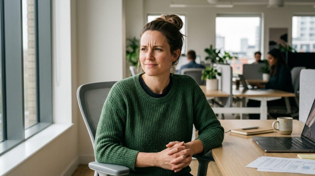 Candid professional image of a woman in casual clothing sitt