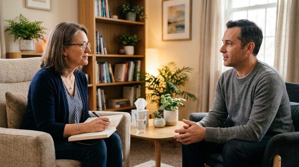 Close-up photograph of two people sitting across from each o