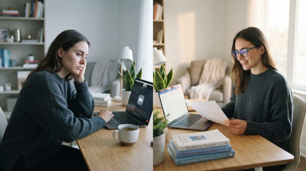 Photorealistic image of a person in comfortable clothing sit