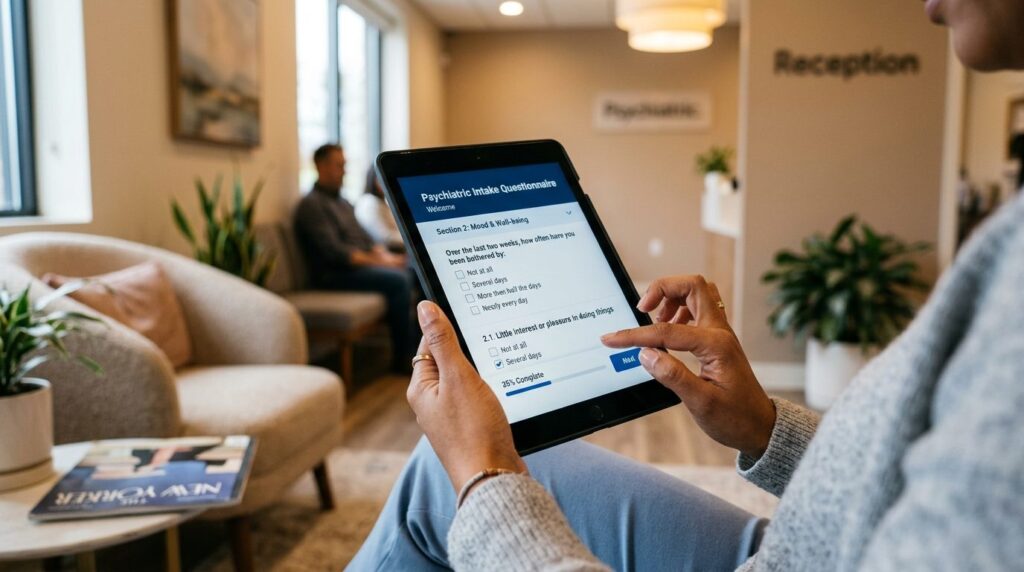 Close-up of a patients hand holding a tablet displaying a d