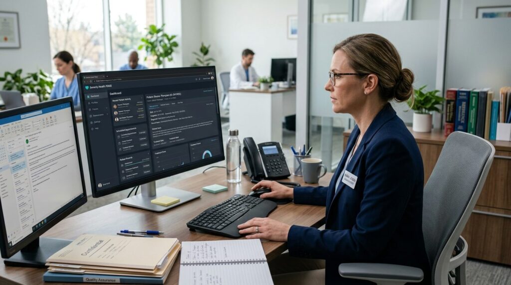 Mental health clinic administrator reviewing patient records